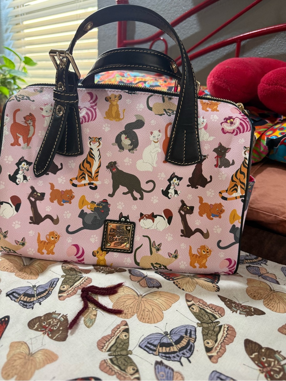 Dooney & Bourke Pink Multi-Cat Printed Satchel with Black Trim - Picture 1 of 5